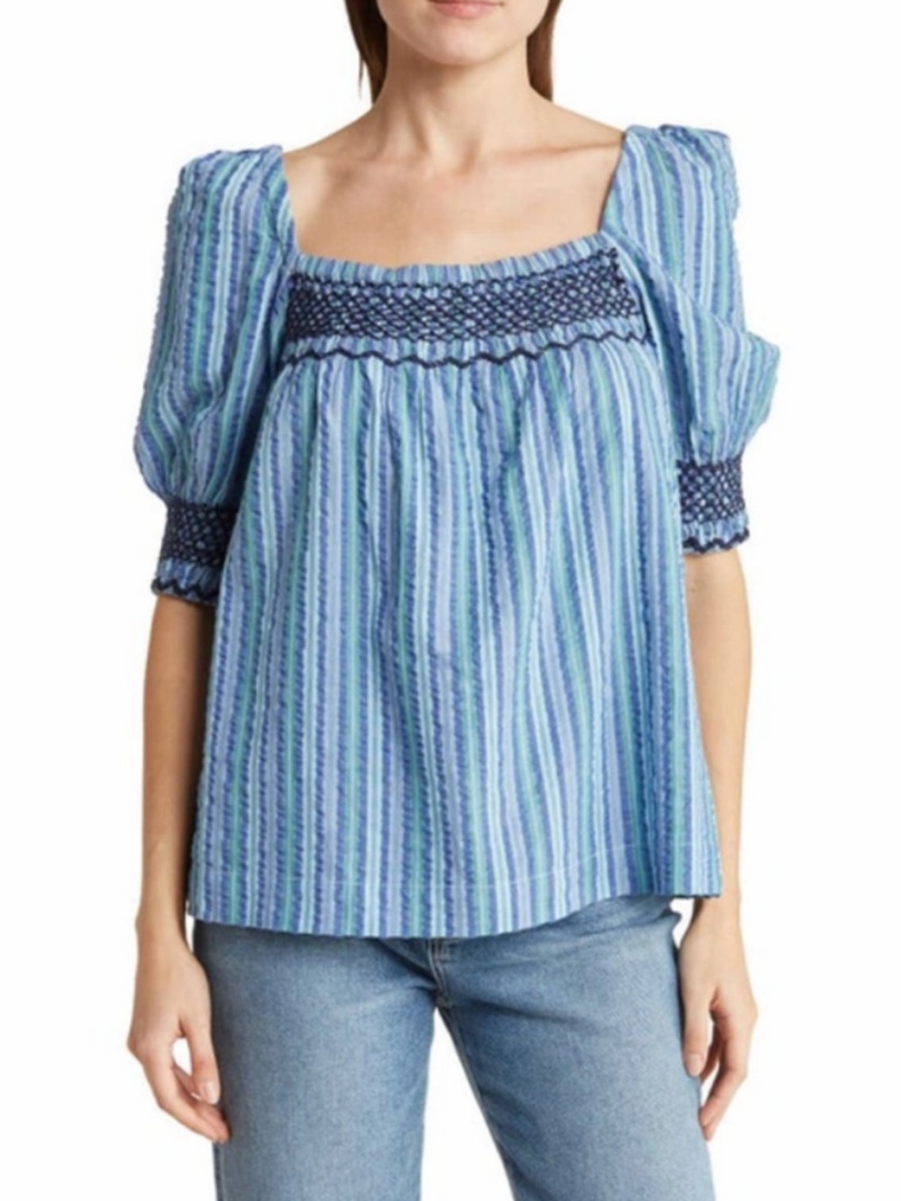 Faherty Blue Striped Square-Neck Smocked Peasant Blouse